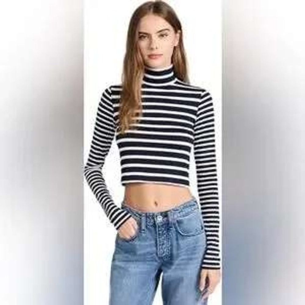 Rag & Bone Striped Turtleneck Cropped Long Sleeve Navy White XS Breton Parisian